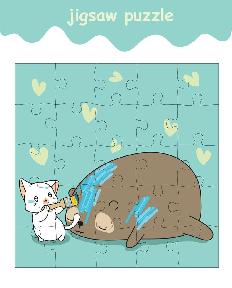 jigsaw puzzle game of cat is painting on bear cartoon vector