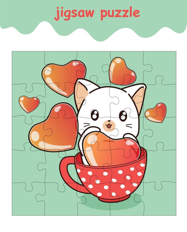 jigsaw puzzle game of ca in the cup with hearts cartoon vector