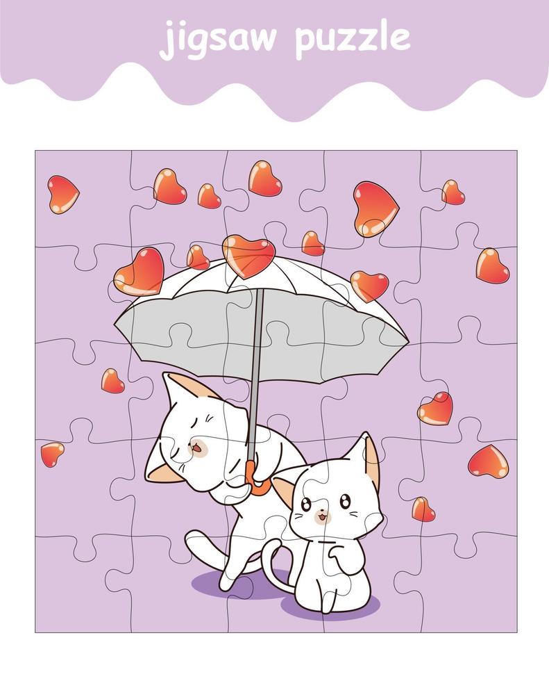 juego de rompecabezas de adorables gatos sosteniendo paraguas con corazones vector