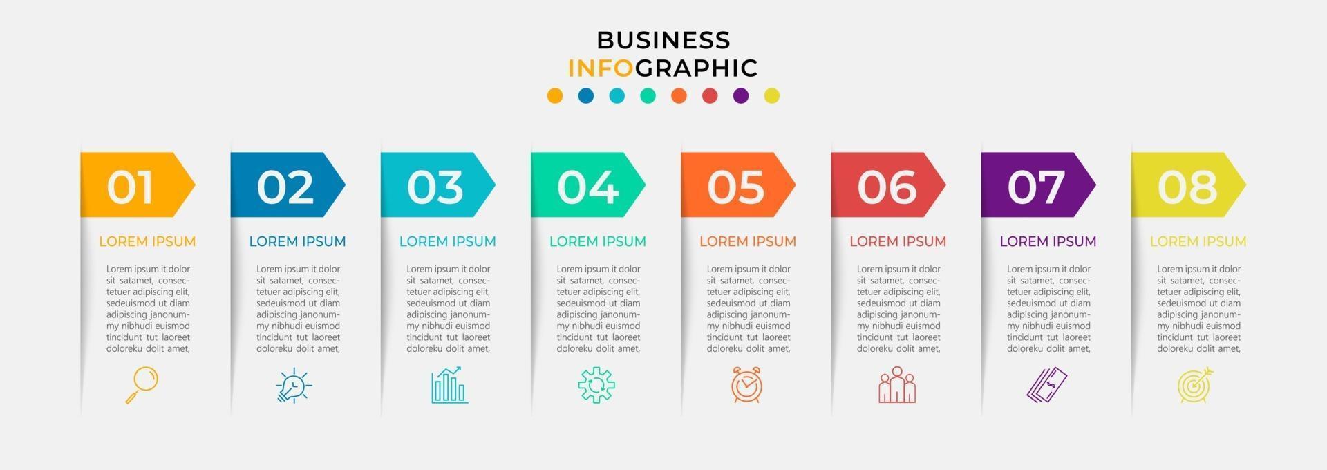 Plantilla de negocio de diseño infográfico con iconos y 8 opciones o pasos. vector