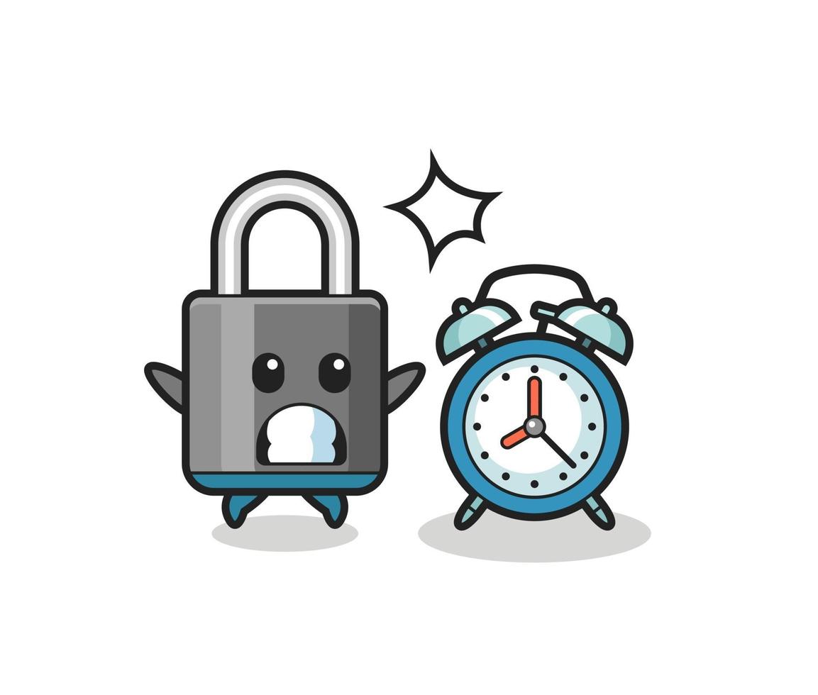 Cartoon Illustration of padlock is surprised with a giant alarm clock vector