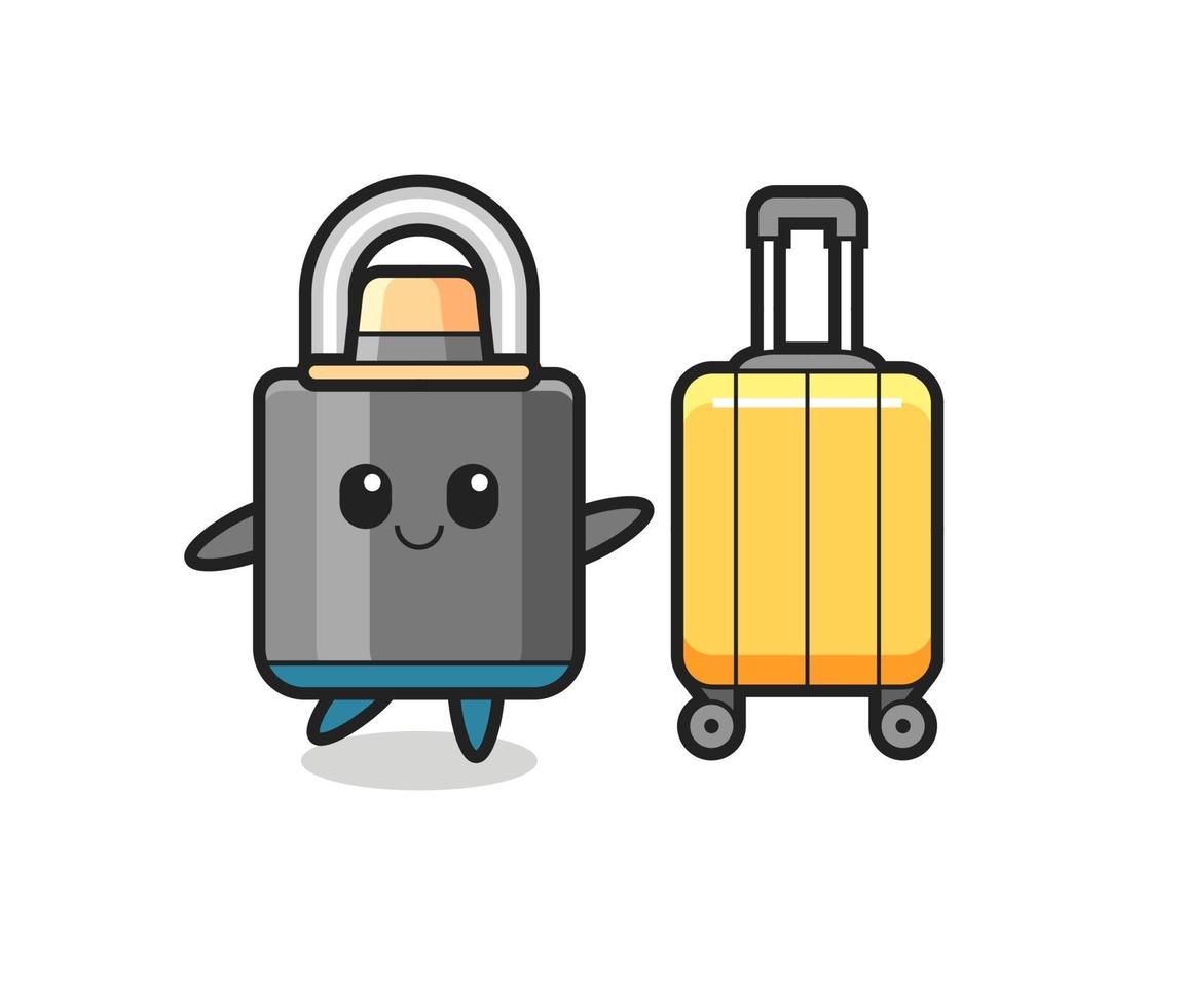 padlock cartoon illustration with luggage on vacation vector