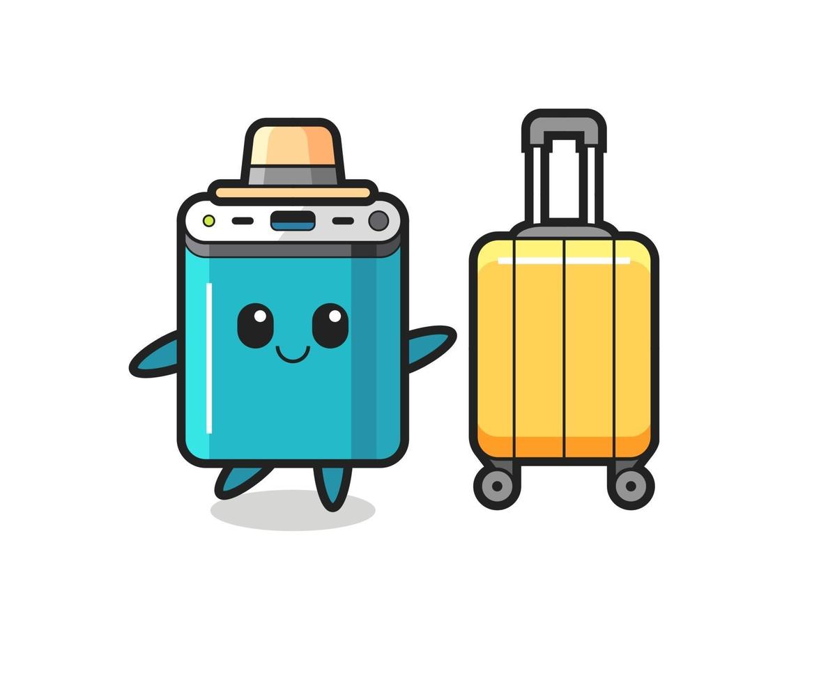 power bank cartoon illustration with luggage on vacation vector