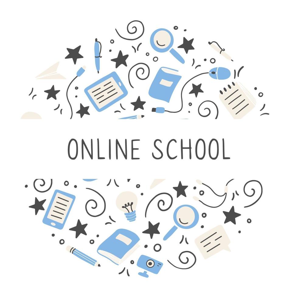 Hand drawn set of online education elements. Vector illustration.