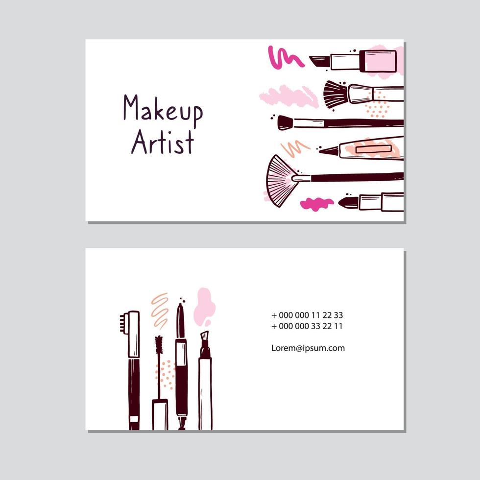 tarjeta de visita con elementos cosméticos de belleza de maquillaje. vector