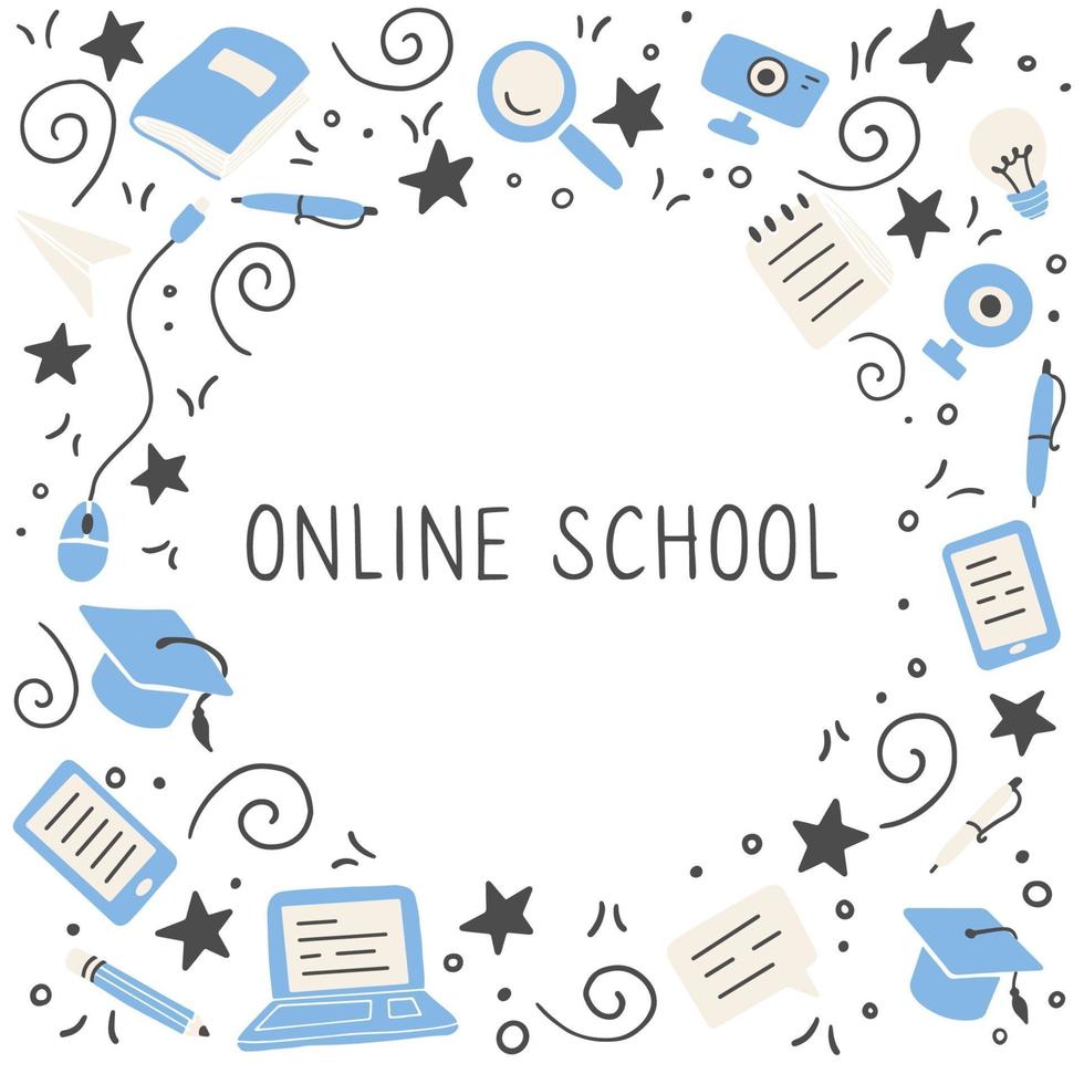 Hand drawn set of online education elements. Vector illustration.