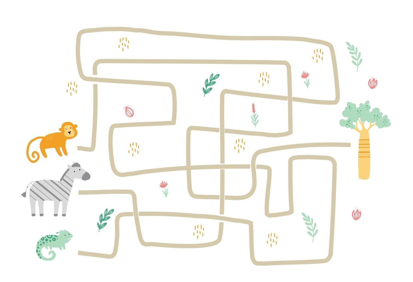 Maze with cute african animal for children. vector