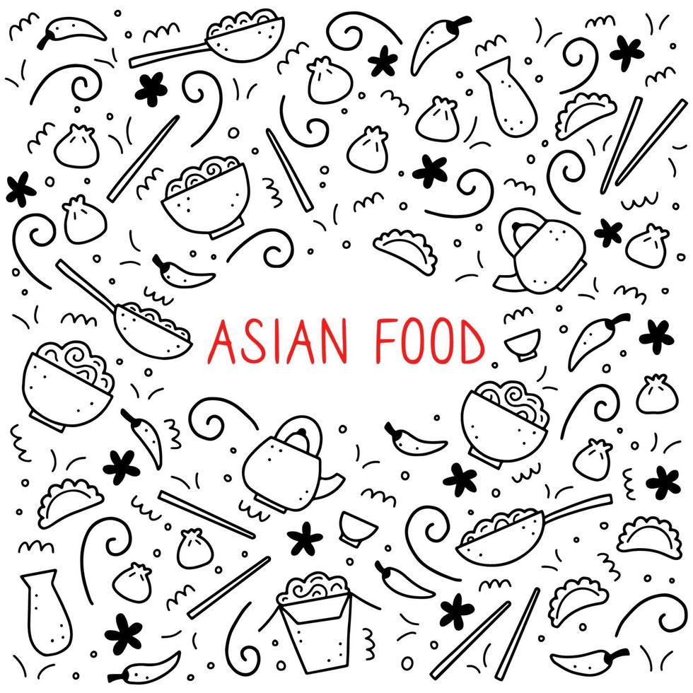 Hand drawn set of Asian food. Vector illustration.