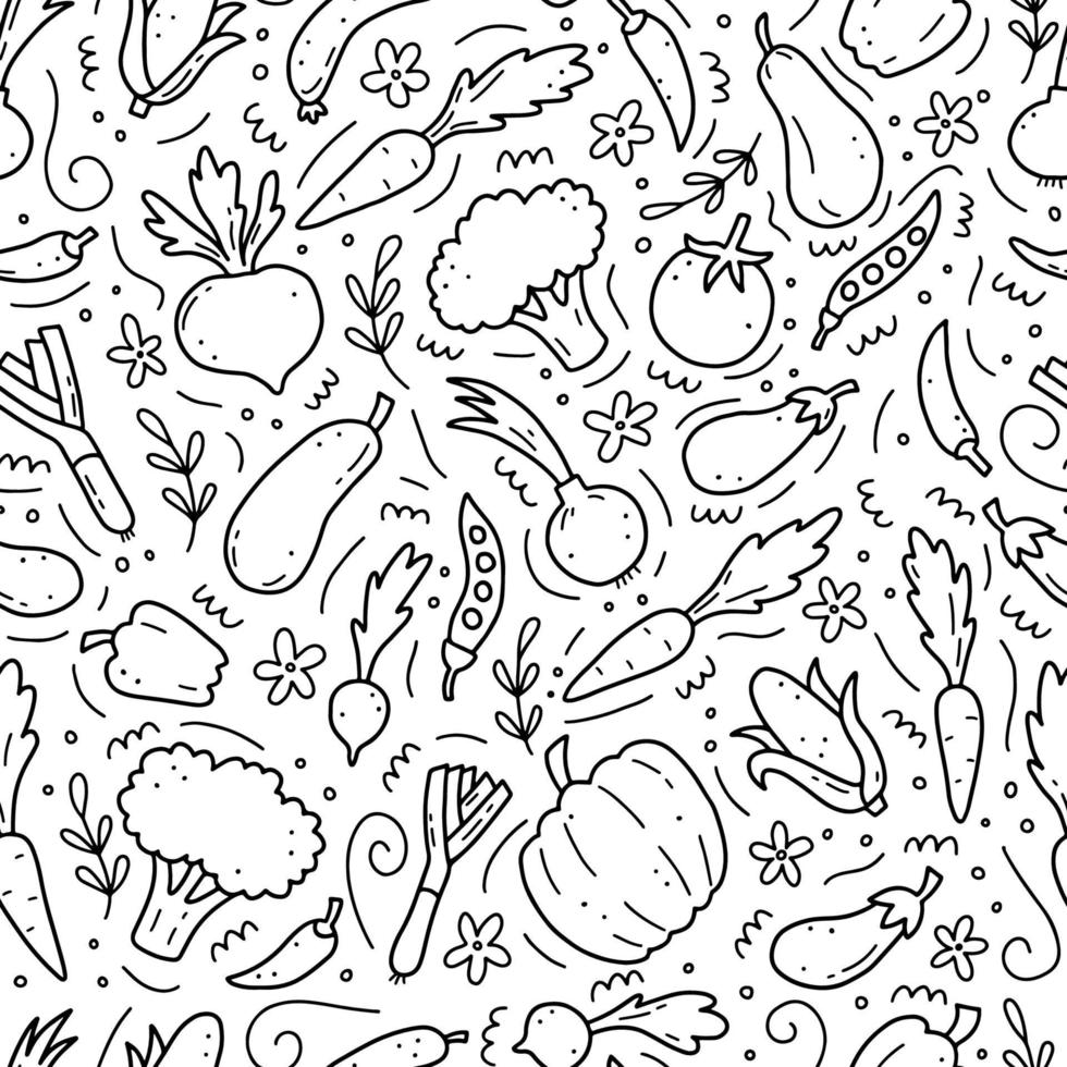 Hand drawn seamless pattern of vegetables. Vector illustration.