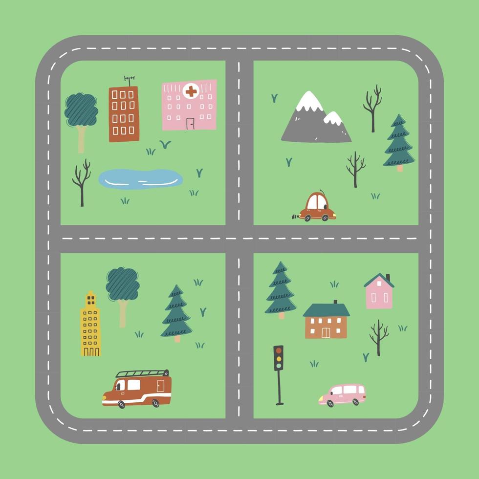 Kids city map of transport and road. Vector illustration.