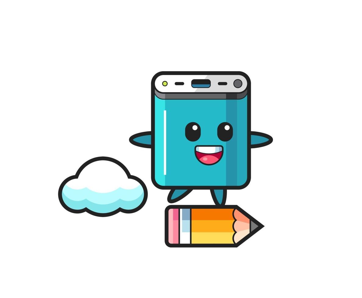 power bank mascot illustration riding on a giant pencil vector