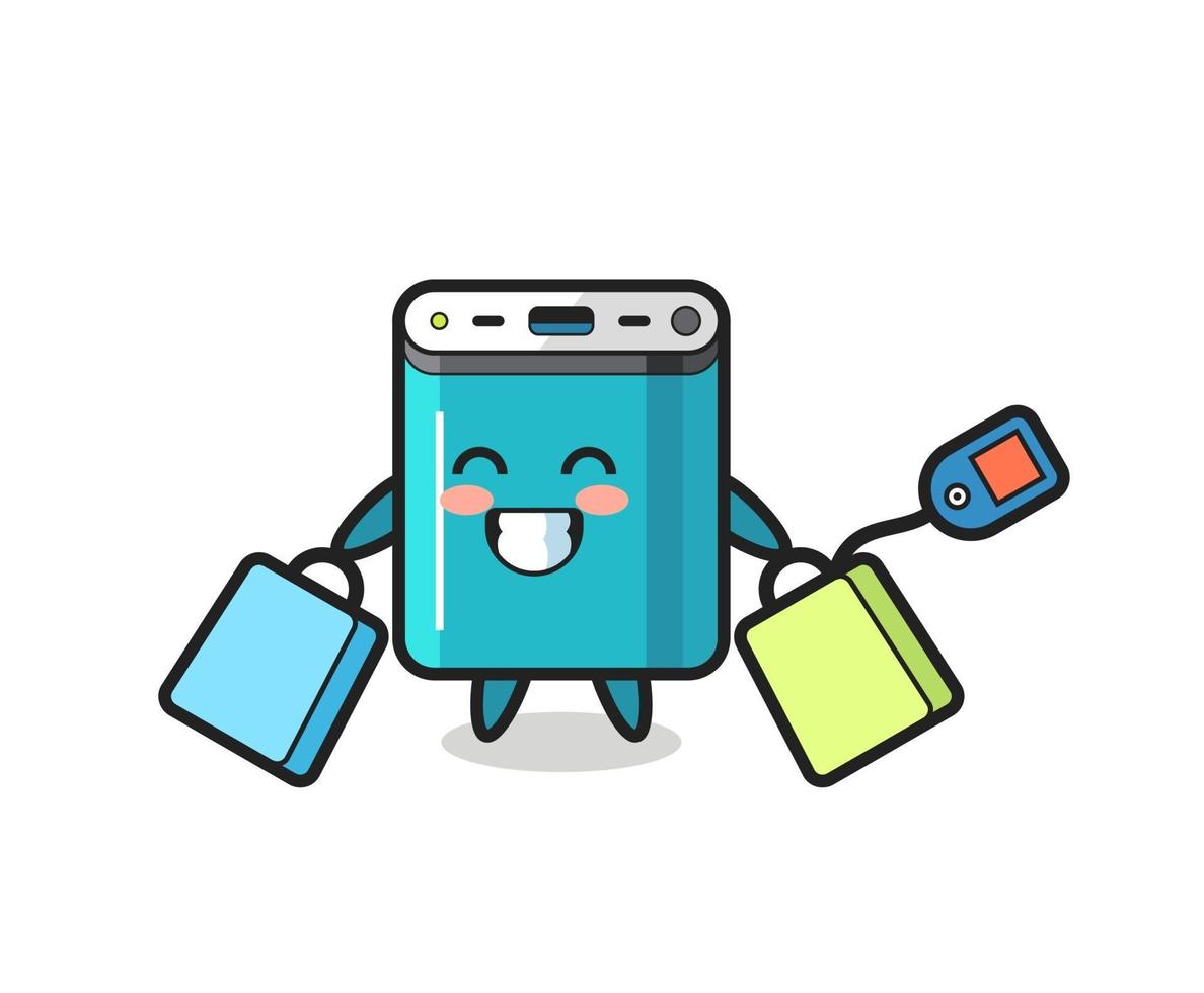 power bank mascot cartoon holding a shopping bag vector