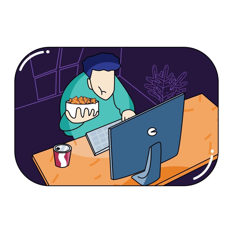 eat in front of pc while work from home vector