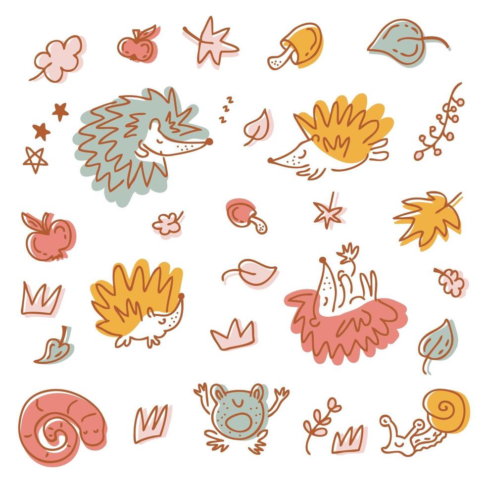 Multicolor vector collection of hedgehogs and autumn elements