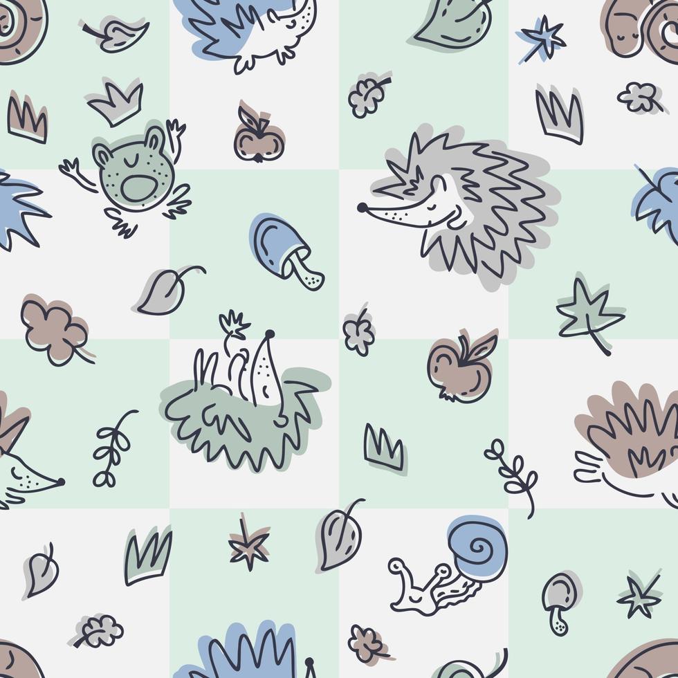 Autumn seamless pattern of hedgehogs on a checkered background vector