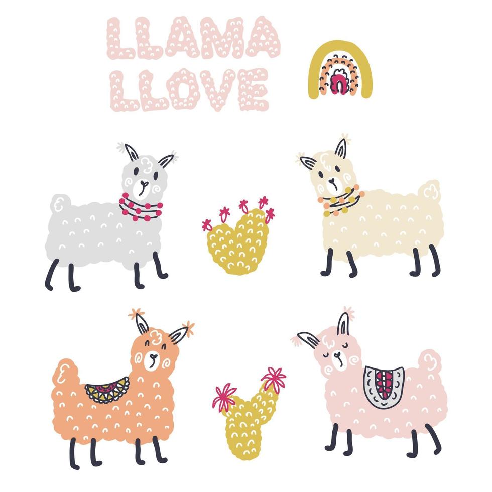 Doodle colección de vectores de lamas, cactus y texto llama llove