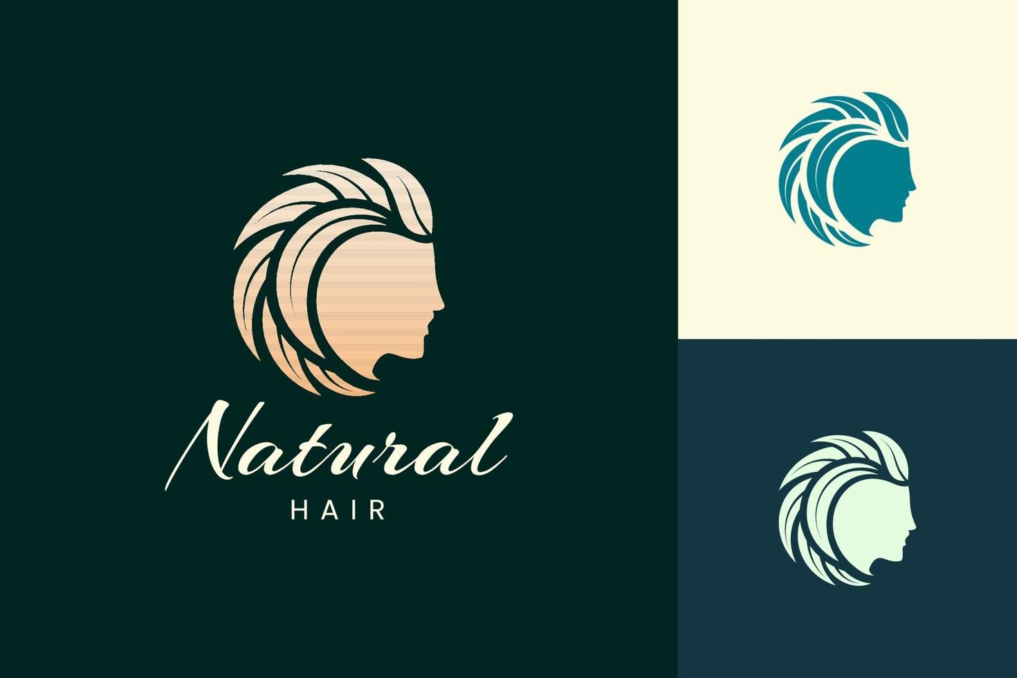 Logotipo de peluquería con cabello de cabeza y hojas para salón y marca de belleza. vector