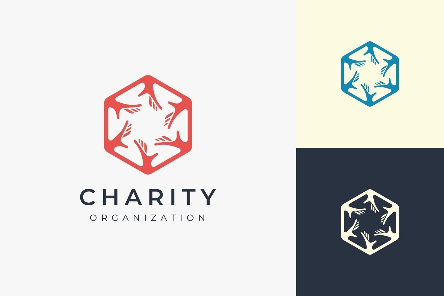 Solidarity or Charity logo template in hexagon and 6 hand shape vector