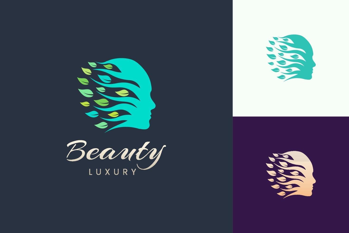 Logotipo de cosmética y belleza para el cuidado de la piel con forma de cara y hoja. vector