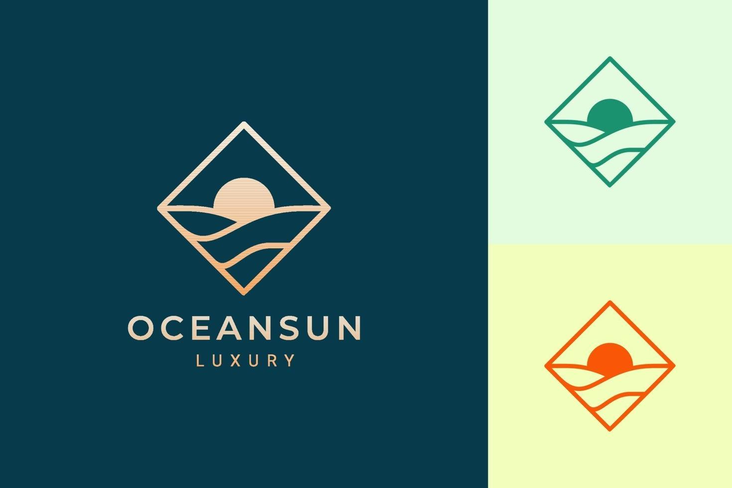 logotipo frente al mar o frente al mar en rombo con onda de agua y forma de sol vector
