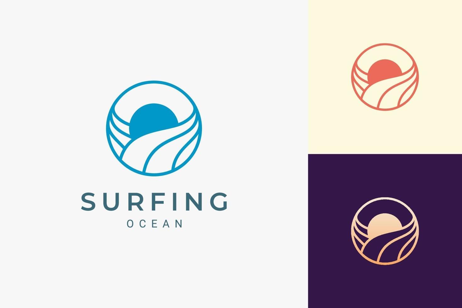 Logotipo de tema de océano o agua con olas y sol en círculo vector