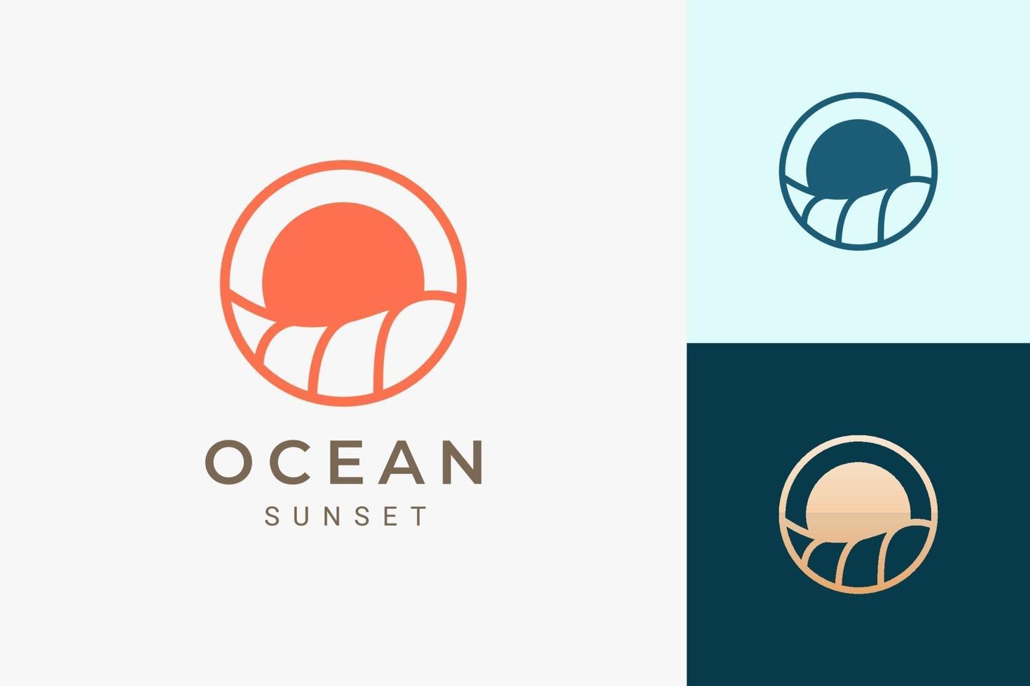 Logotipo de tema de océano o agua con olas y sol en círculo vector