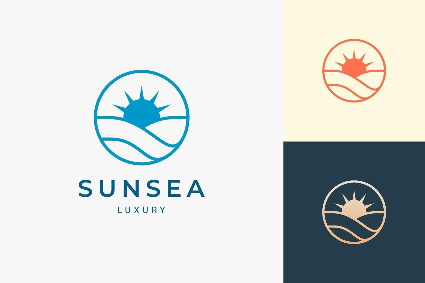 Logotipo simple de mar o surf con ola oceánica y sol en forma de círculo vector