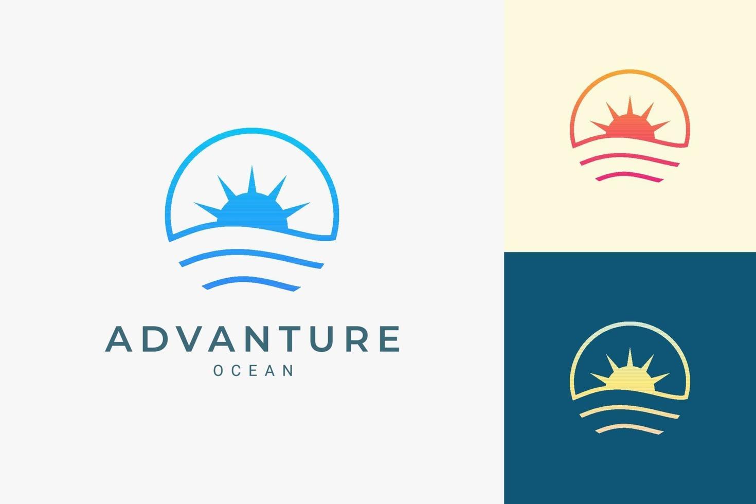 Logotipo simple de mar o surf con ola oceánica y sol en forma de círculo vector