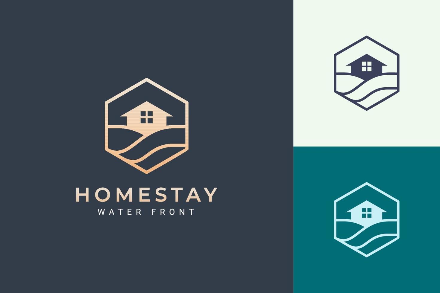 Logotipo de bienes raíces con tema de mar o playa en línea simple y forma hexagonal vector