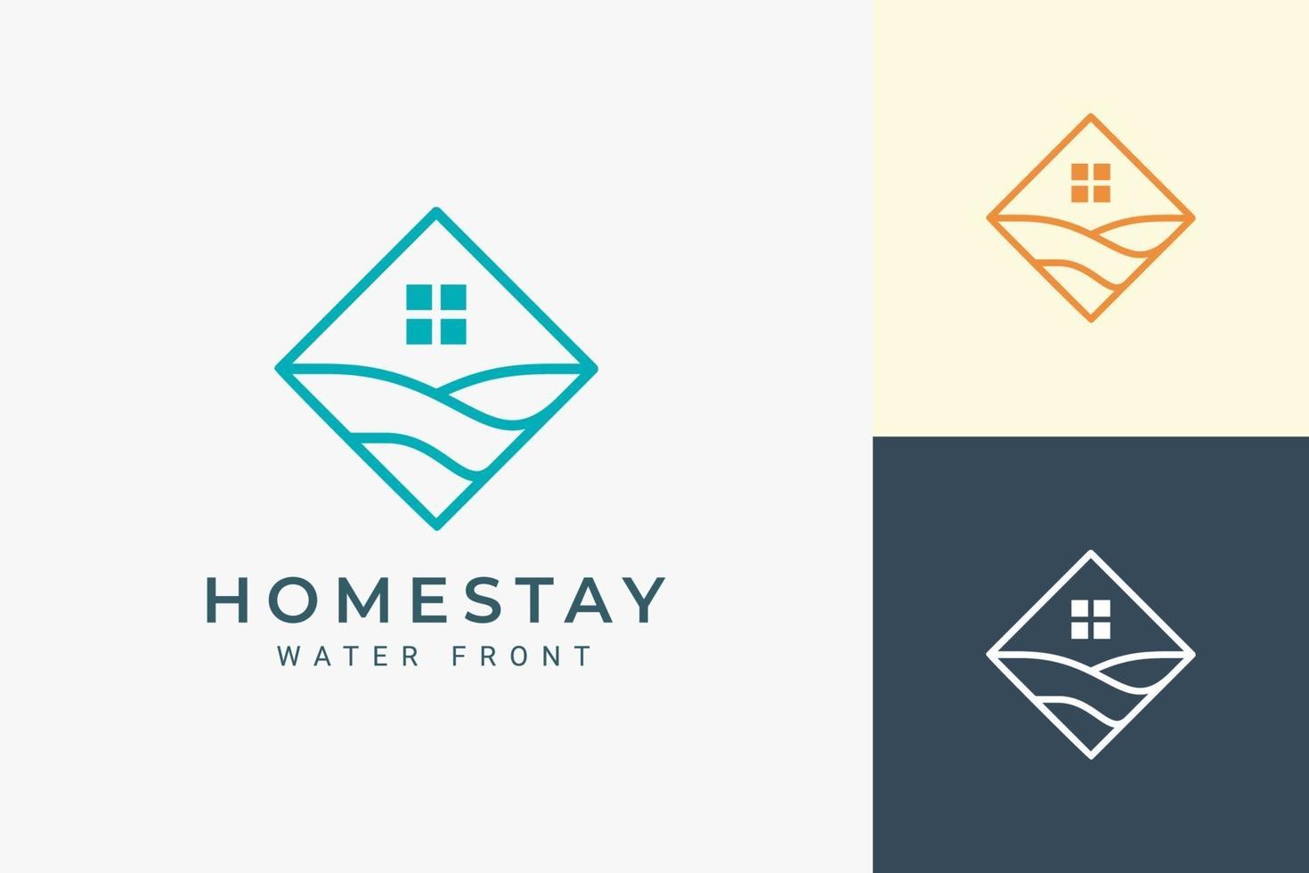Resort or hotel logo in simple rhombus and ocean wave vector