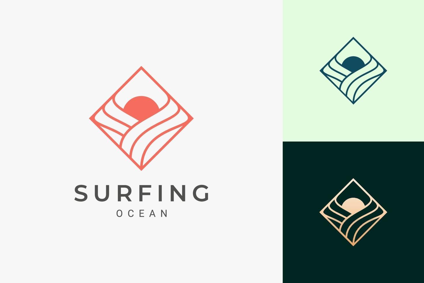 Ocean or surf logo in simple rhombus with wave and sun shape vector