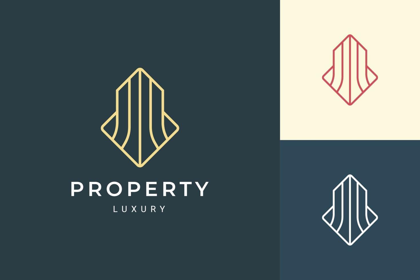 Logotipo de bienes raíces o apartamentos en forma de lujo y futurista. vector