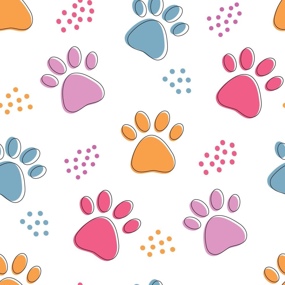 lindo patrón transparente con coloridas patas de mascotas. huella de gato o perro vector