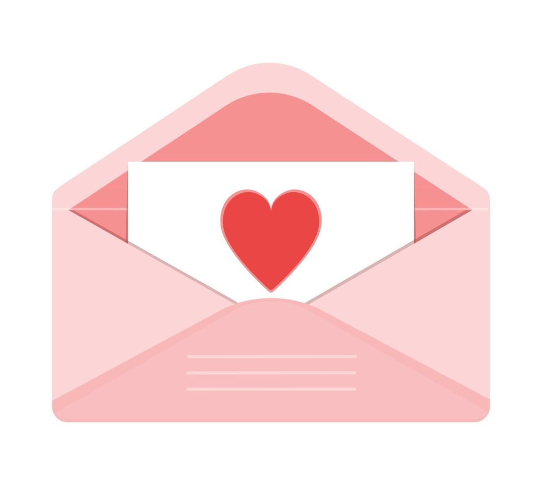 Open pink envelope with a love note with heart. Valentines day vector