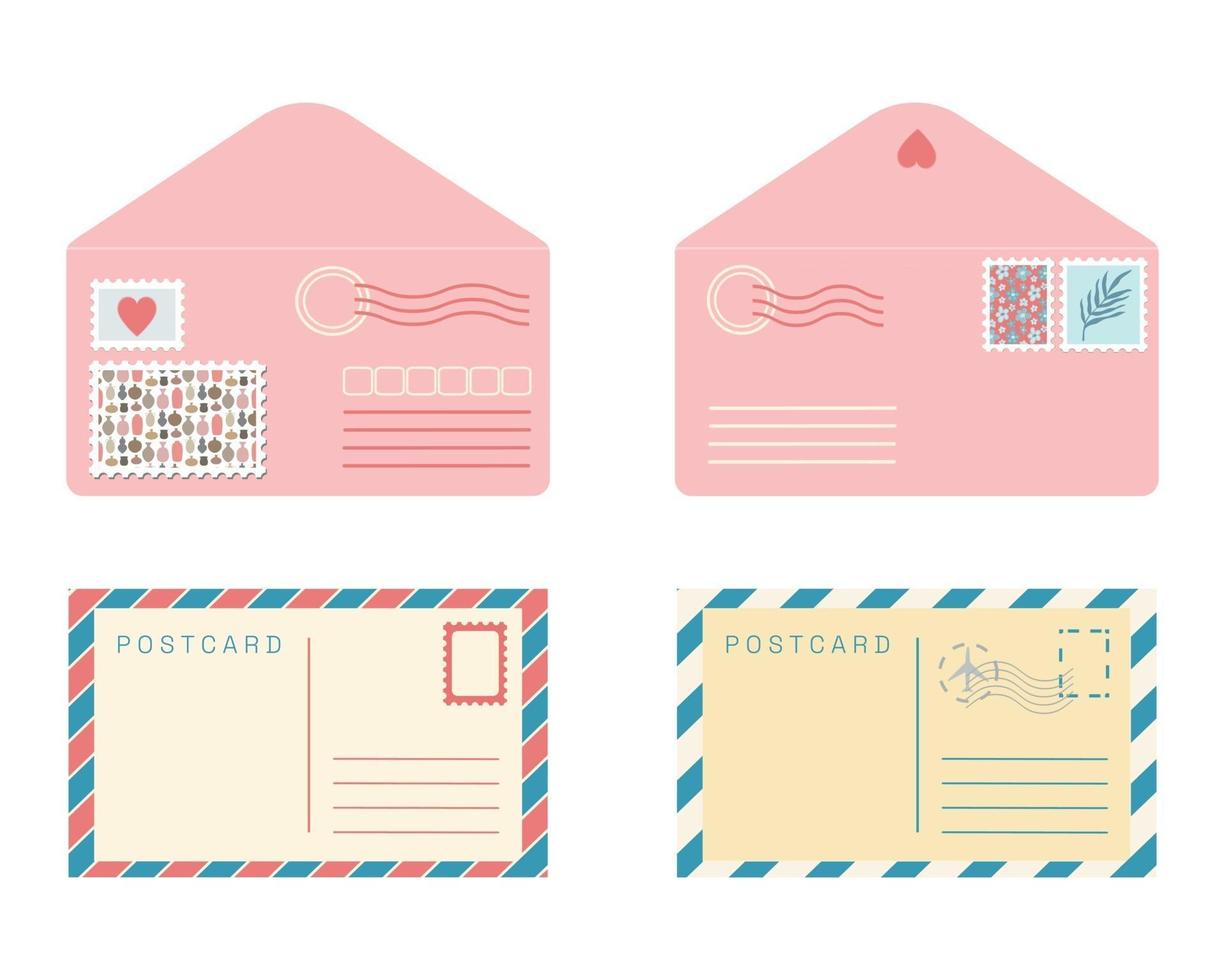 Postcard and envelope set. Isolated vector retro post card, envelope