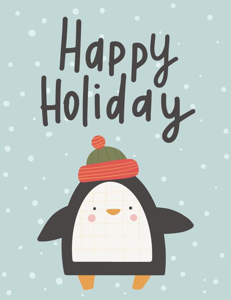 tarjeta de felicitación de navidad. lindo pingüino de dibujos animados de postal de vacaciones de invierno vector