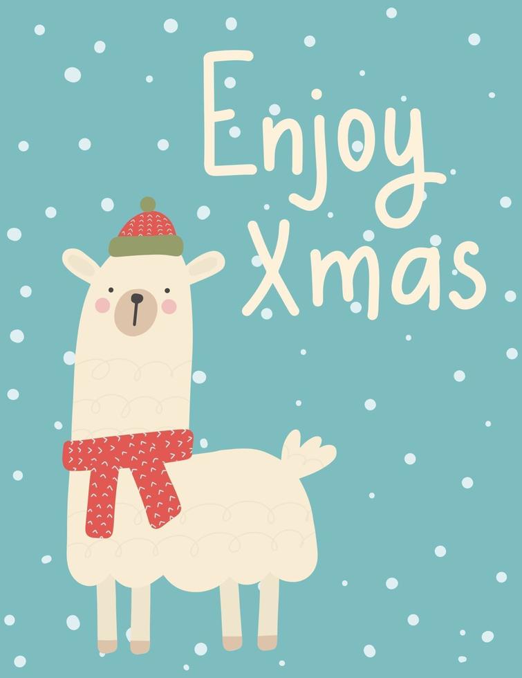 tarjeta de felicitación de navidad. postal linda de las vacaciones de invierno. llama de dibujos animados vector