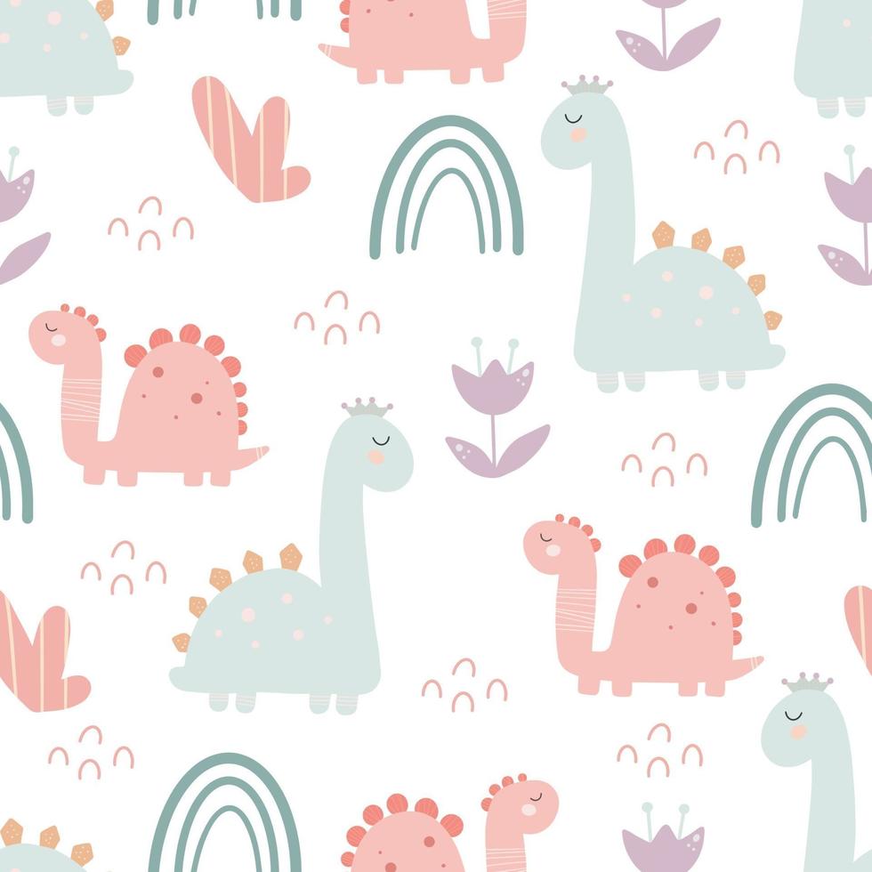 Cute dinosaur pattern - hand drawn childish dinosaur seamless pattern vector