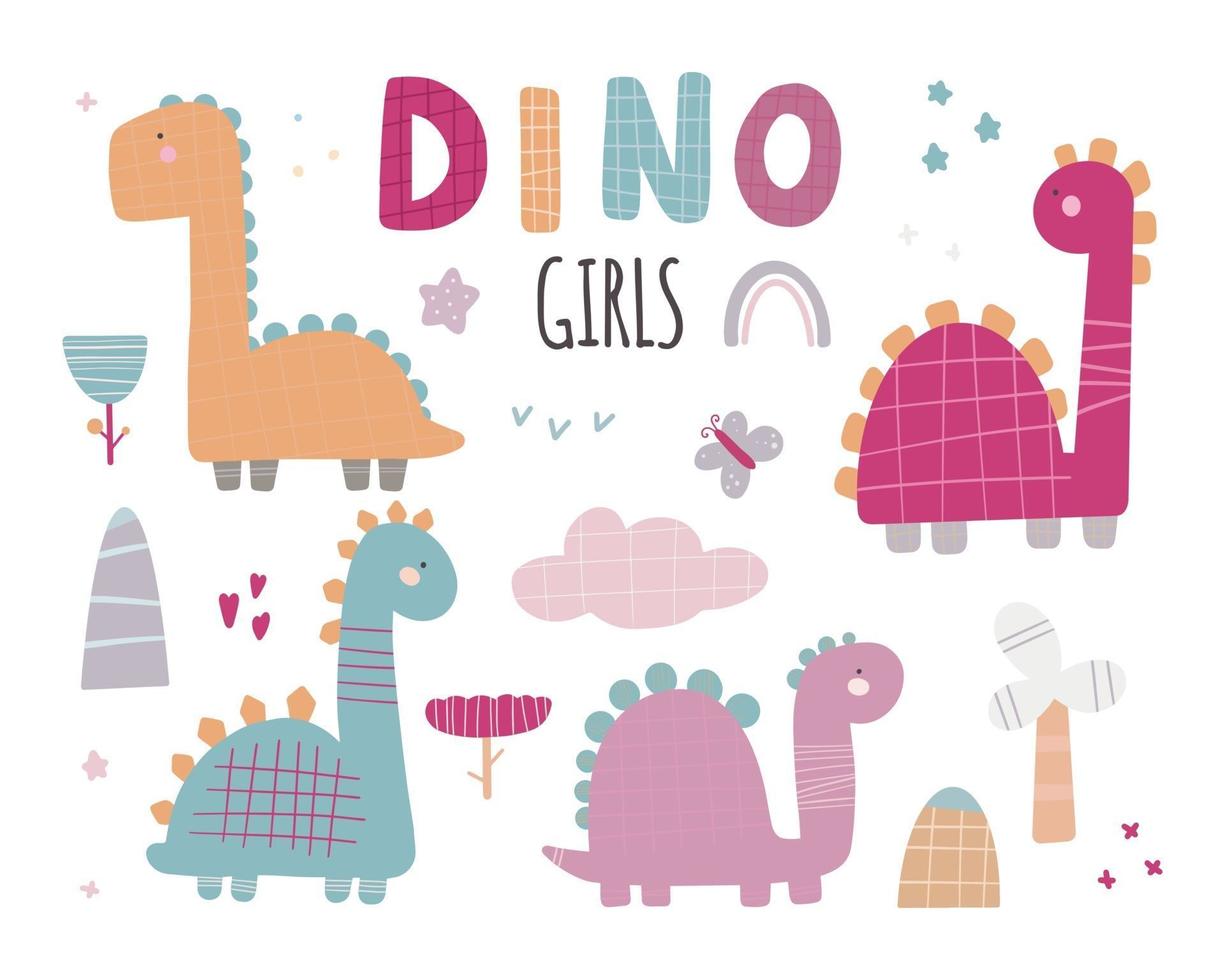 dinosaurio, niñas, lindo, vector, conjunto, con, plantas, árboles, piedras vector