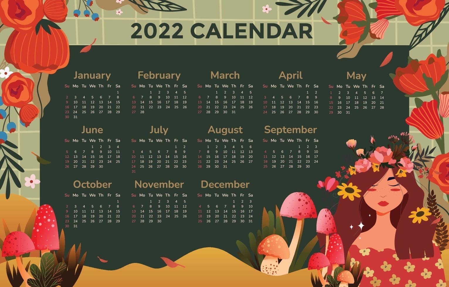 calendario de plantilla 2022 con hermoso adorno vector
