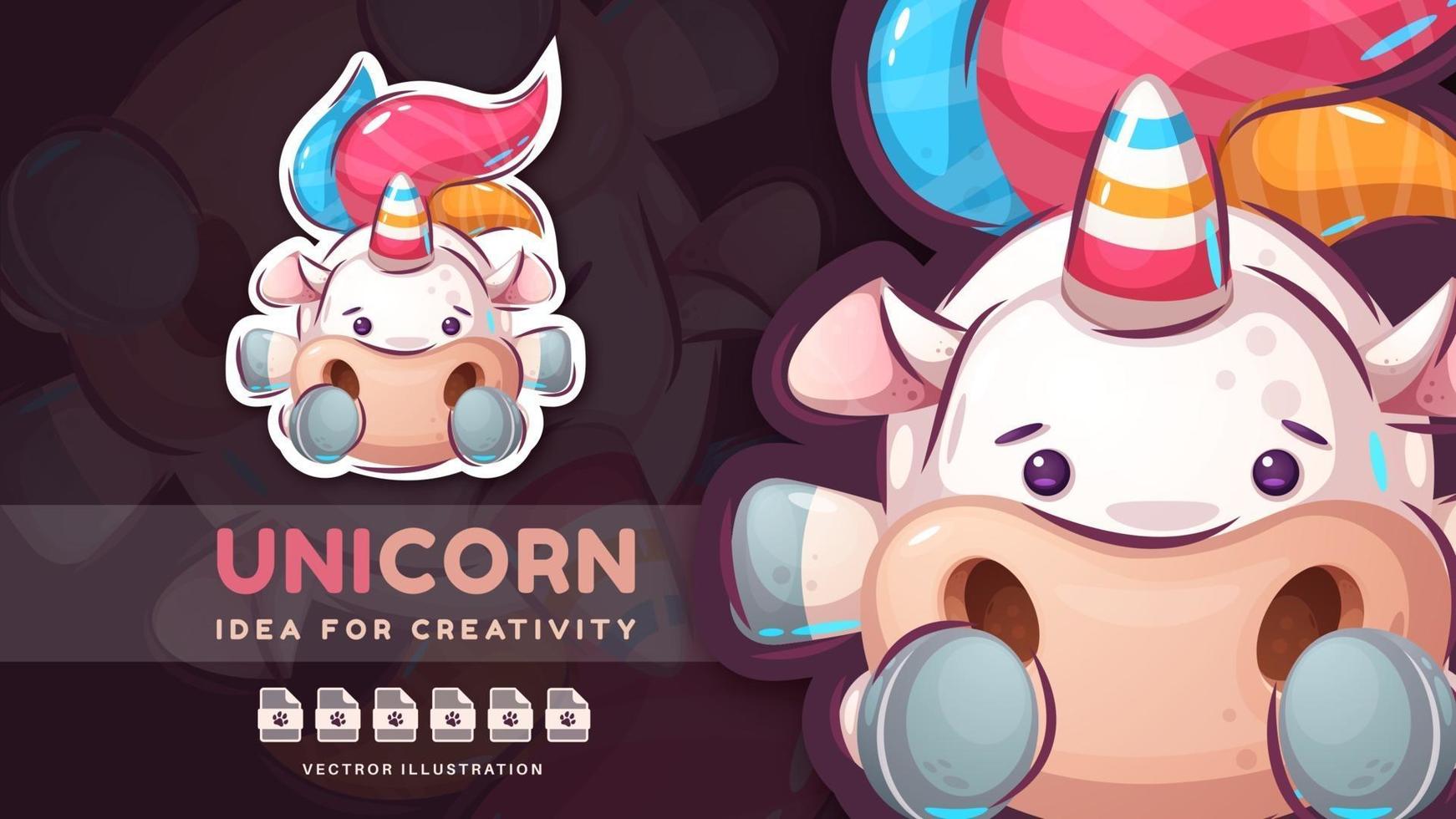 Cartoon character animal unicorn - cute sticker. vector