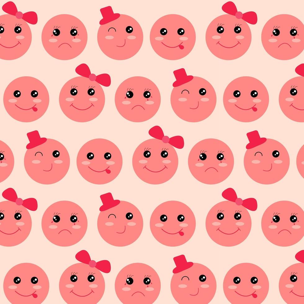 Pattern with Emoticons, pink face character illustration. vector