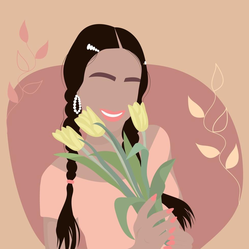 Beautiful smiling girl with yellow tulips in her hand. vector