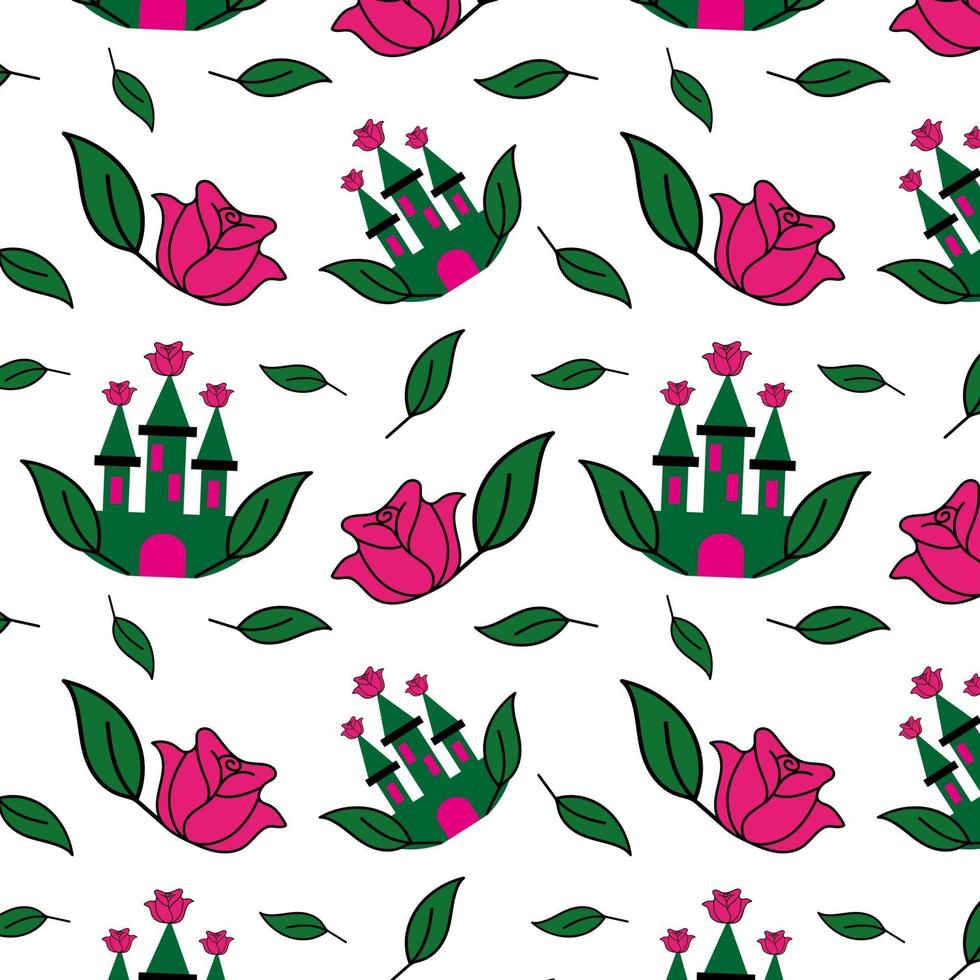 Seamless pattern with castle, rose and leaves. vector