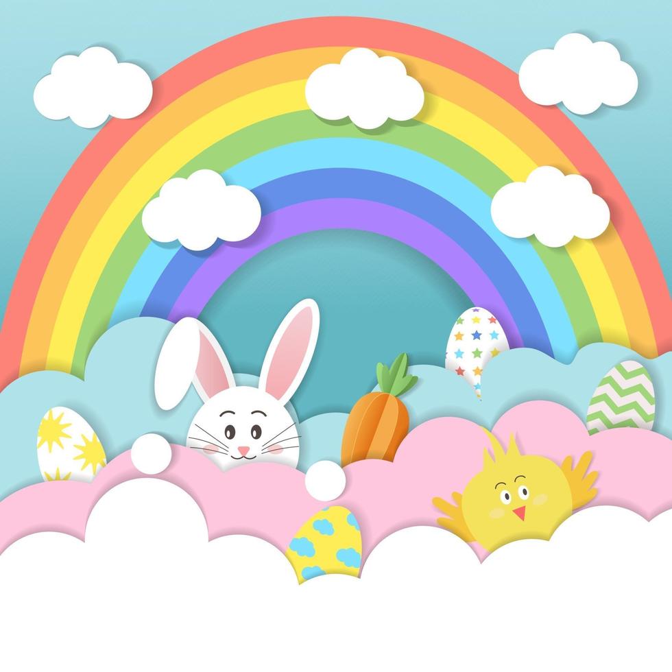 banner de feliz pascua con huevos pintados, conejo, chic y arcoiris. vector