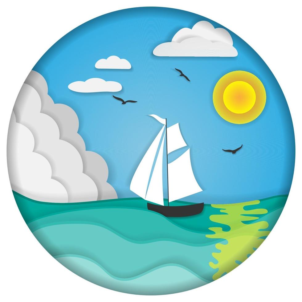 Sailboat in the sea. Seascape by day in paper cut style. vector