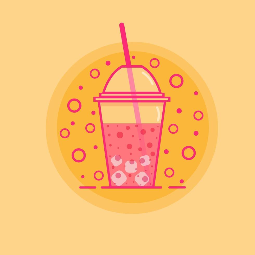 Plastic cup of pink juice with ice cubes and straw. vector