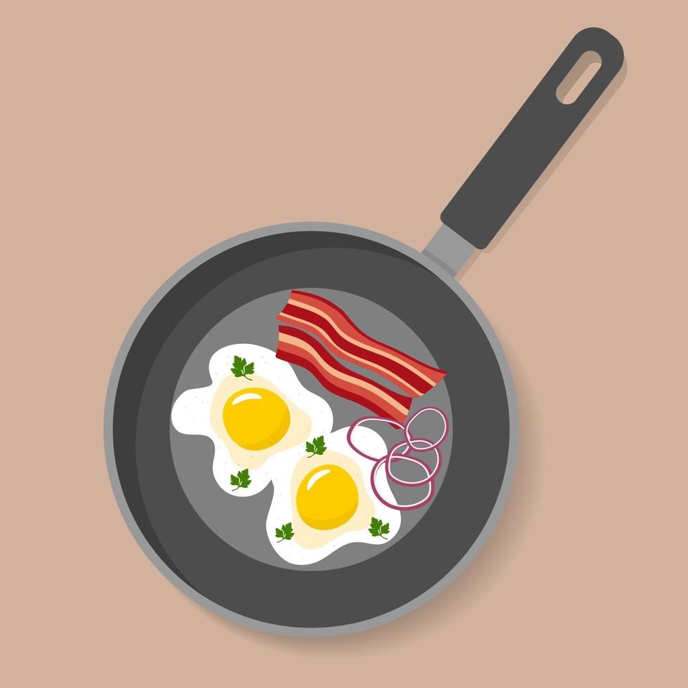 Scrambled eggs with bacon in a frying pan. vector