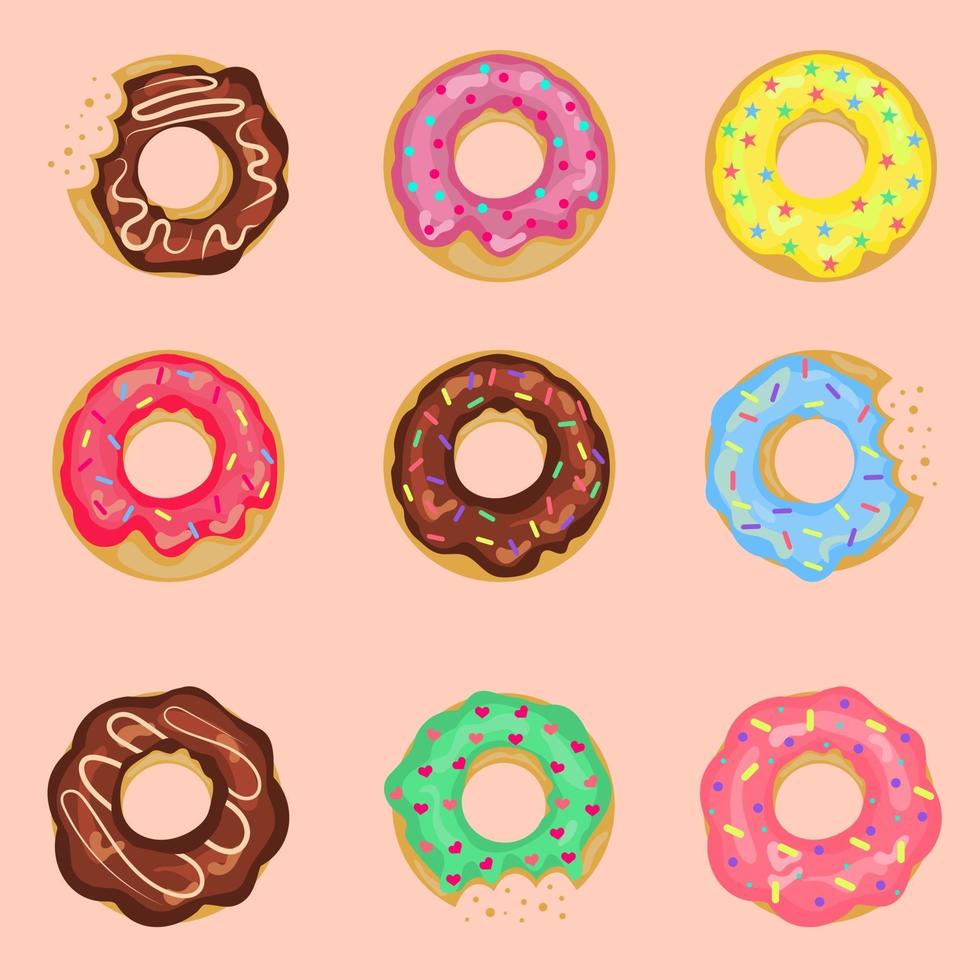 Set of sweet donuts with cream isolated on a pink background. vector