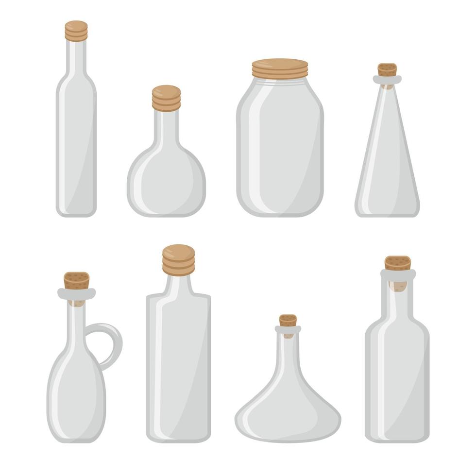 Set vector templates of empty transparent glass bottles.